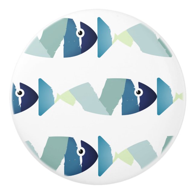 Abstract Swimming Blue Fish Ceramic Knob (Front)