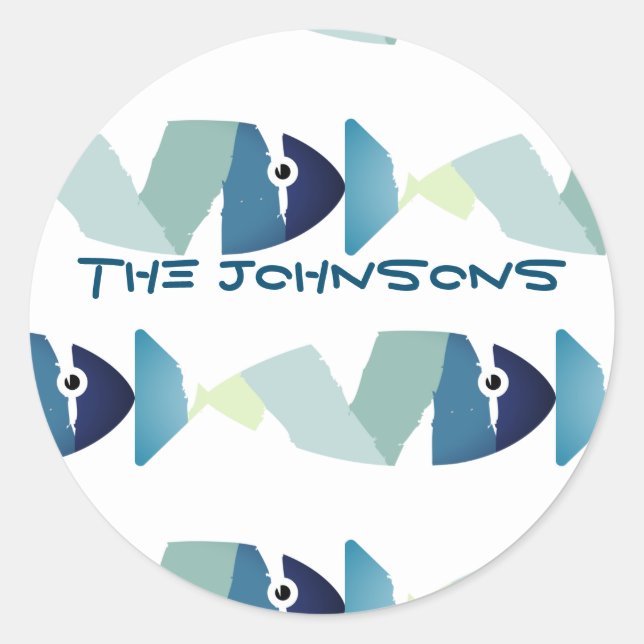 Abstract Swimming Blue Fish Classic Round Sticker (Front)