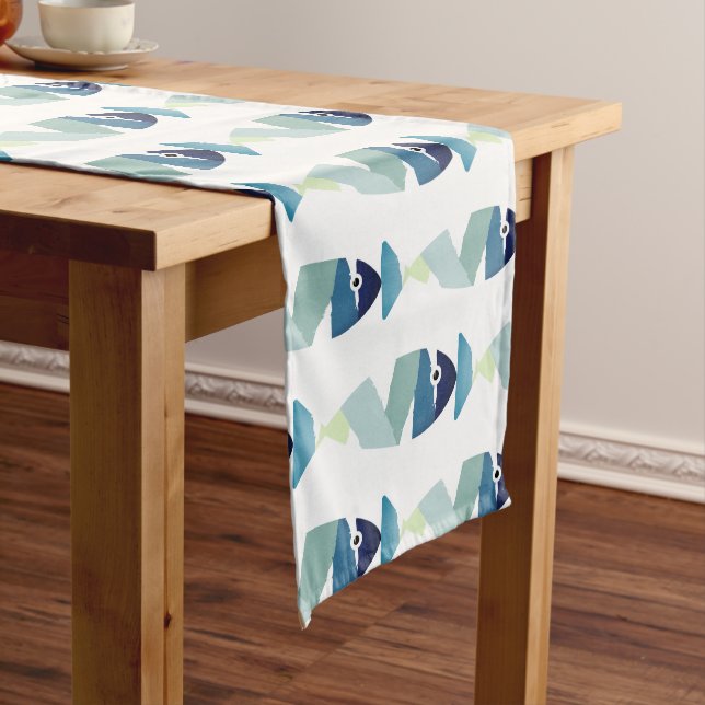 Abstract Swimming Blue Fish Long Table Runner (In Situ)