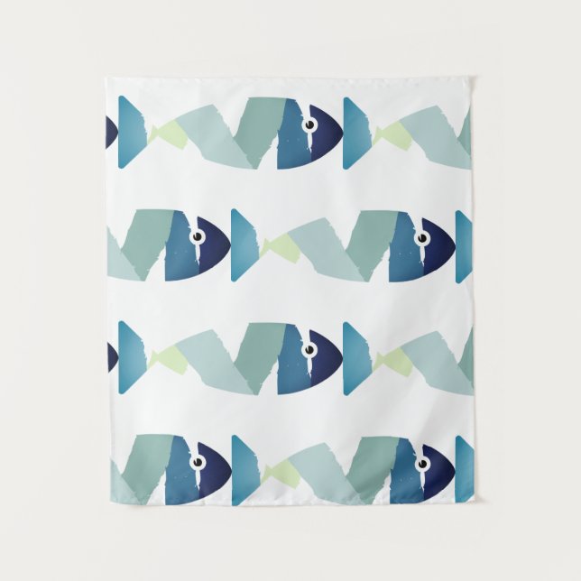 Abstract Swimming Blue Fish Tapestry (Front)