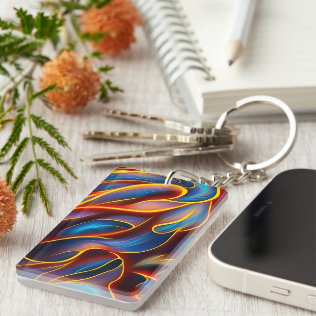Abstract Swirl Blue Red Flames Key Ring (Front Right)