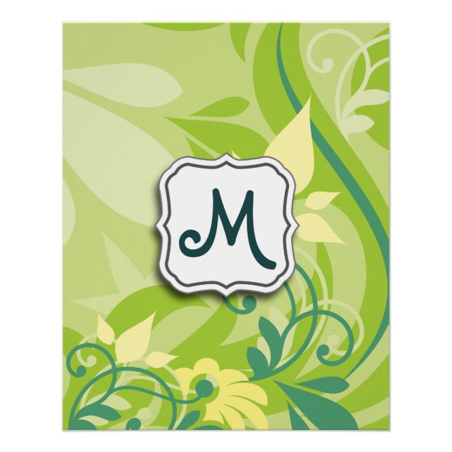 Abstract Swirl Floral Lime Green with Monogram Poster (Front)