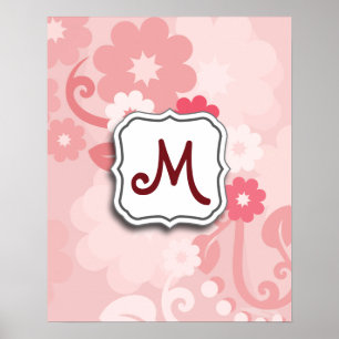 Abstract Swirl Floral Pink with Monogram Poster