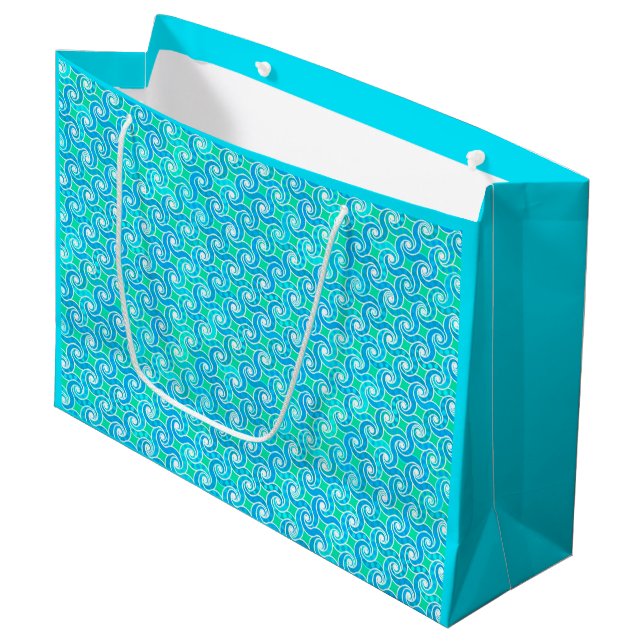 Abstract Swirl pattern - Blue, Jade green & White Large Gift Bag (Front Angled)