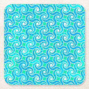 Abstract Swirl pattern - Blue, Jade green & White Square Paper Coaster