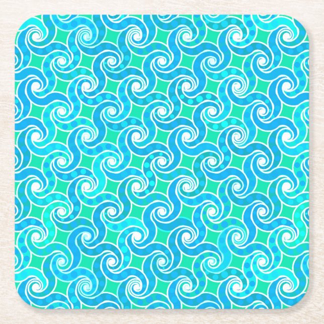 Abstract Swirl pattern - Blue, Jade green & White Square Paper Coaster (Front)