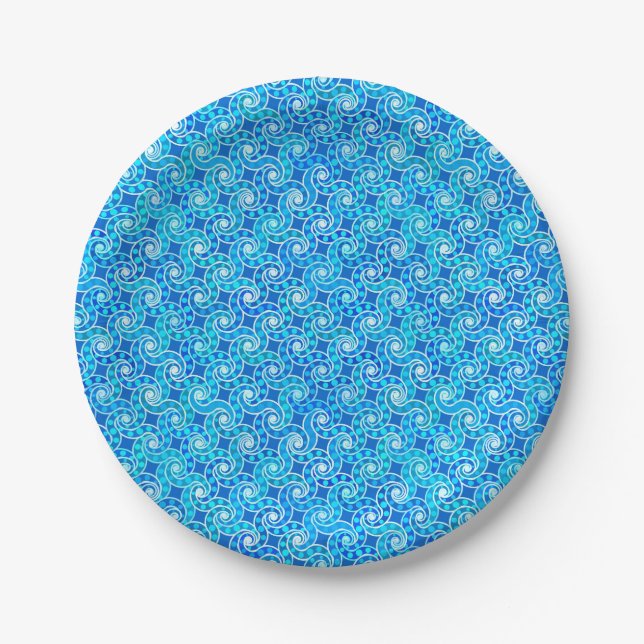 Abstract swirl pattern - blue, turquoise & white paper plate (Front)