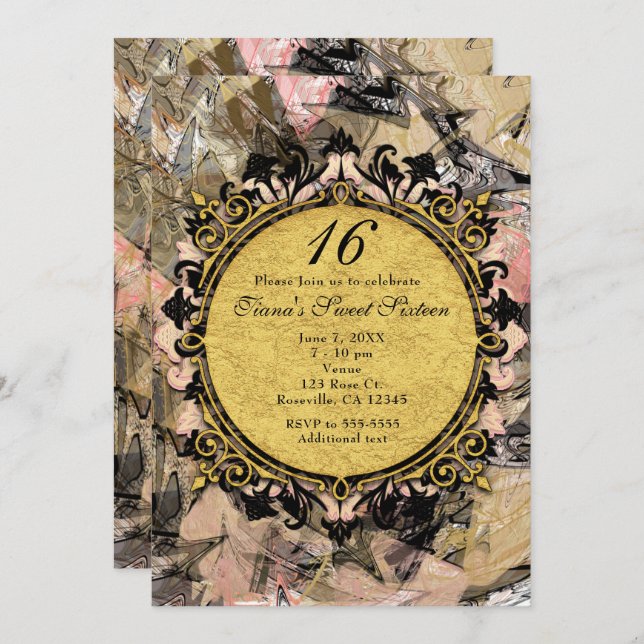 Abstract Swirl Pink Black & Gold Party Invitations (Front/Back)