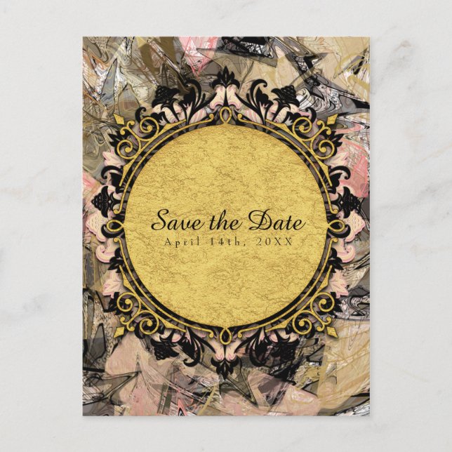 Abstract Swirl Pink Black & Gold Save the Date Announcement Postcard (Front)