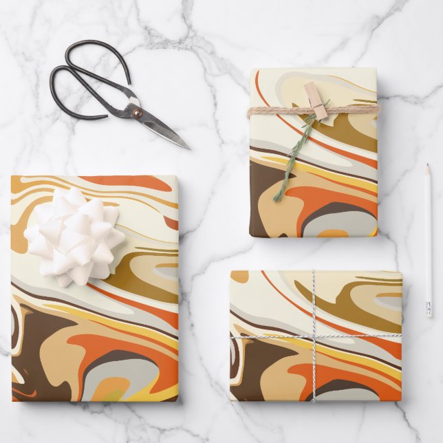 Abstract Swirling Orange and Beige Design Wrapping Paper Sheet (Front)