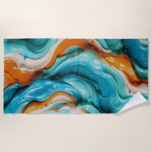 Abstract Swirling Teal and Orange Glossy Fluid Beach Towel