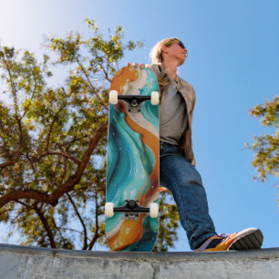 Abstract Swirling Teal and Orange Glossy Fluid  Skateboard