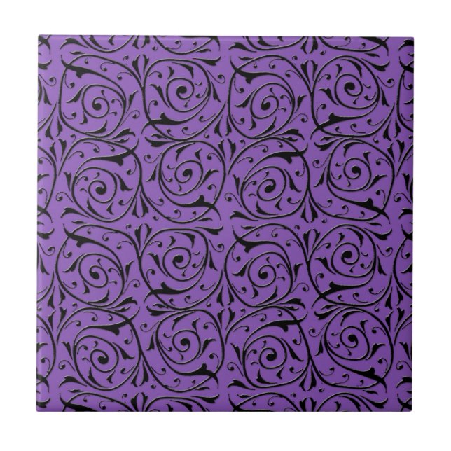 Abstract Swirling Vines Purple and Black Tile (Front)