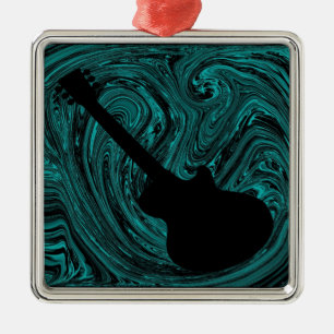 Abstract Swirls Guitar Ornament, Teal Metal Tree Decoration