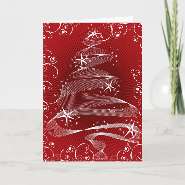 Abstract Swirls Red Christmas Tree Holiday Card (Front)