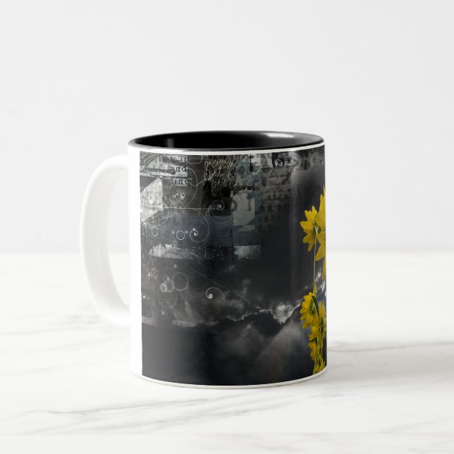 Abstract symbols and yellow flowers Two-Tone coffee mug (Front Left)