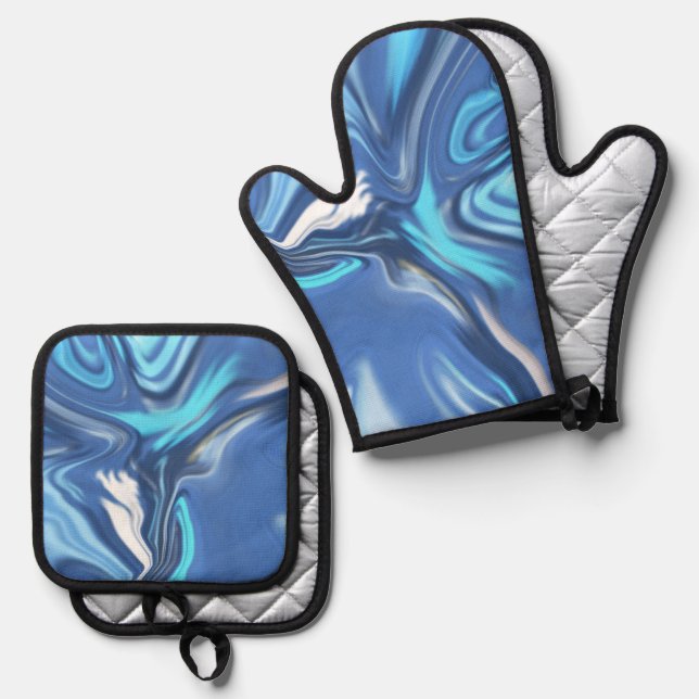 Abstract Symphony in Blue 2 Oven Mitt & Pot Holder Set (Front/Back)
