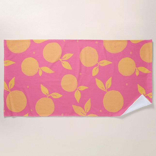 Abstract tangerine pink and yellow pattern beach towel (Front)