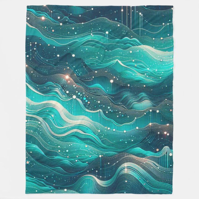 "Abstract Teal and Blue Water Waves" Fleece Blanket (Front)