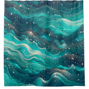 "Abstract Teal and Blue Water Waves" Shower Curtain
