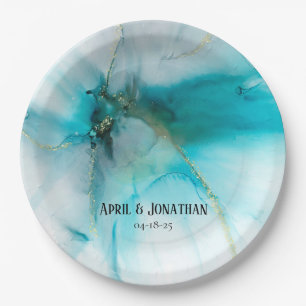 Abstract Teal and Faux Gold Wedding Plate