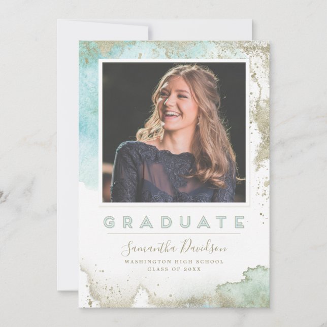 Abstract Teal and Gold Modern Art Graduation Announcement (Front)