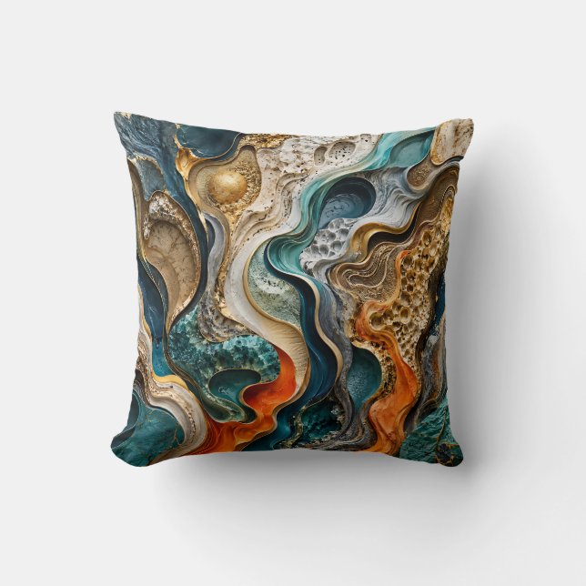 Abstract Teal and Orange Luxury 3D Fluid Art Cushion (Front)