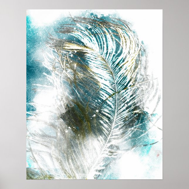 Abstract Teal and White Feather Painting Poster (Front)