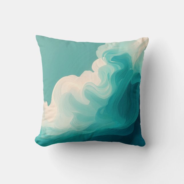 Abstract Teal and White Flowing Waves Cushion (Front)