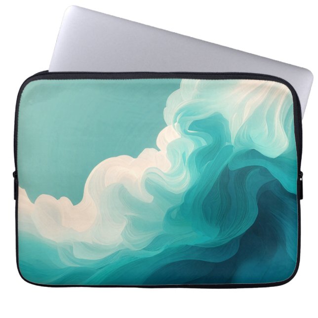 Abstract Teal and White Flowing Waves Laptop Sleeve (Front)