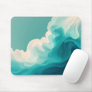 Abstract Teal and White Flowing Waves Mouse Pad