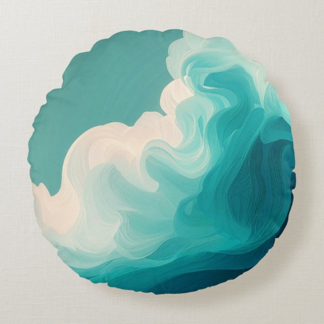 Abstract Teal and White Flowing Waves Round Cushion (Front)