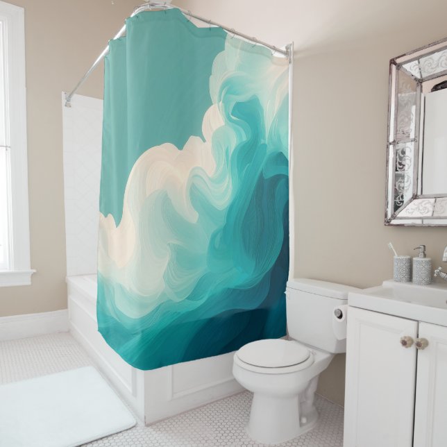 Abstract Teal and White Flowing Waves Shower Curtain (In Situ)