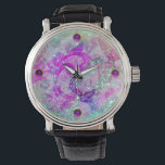 ABSTRACT TEAL BLUE,PINK WAVES,SPARKLES,PURPLE GEM WATCH<br><div class="desc">Elegant , vibrant and artistic floral design in sparkling oriental swirls , blue, pink fuchsia , green, purple colours and gold sparkles with a vibrant 3D amethyst gemstone .Watercolor painting with golden and silver foil.and 3D graphics by Bulgan Lumini (c) -Baldesign3d</div>