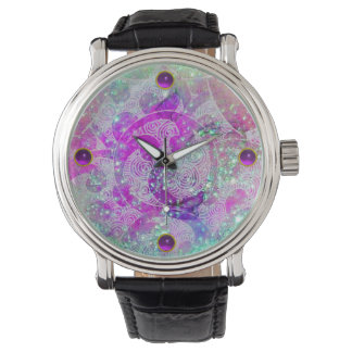 ABSTRACT TEAL BLUE,PINK WAVES,SPARKLES,PURPLE GEM WATCH