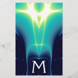ABSTRACT TEAL BLUE TURQUOISE LIGHT WAVES MONOGRAM STATIONERY
