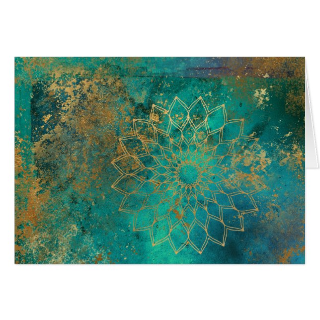 Abstract Teal Gold Grunge Mandala Greeting Card (Front Horizontal)