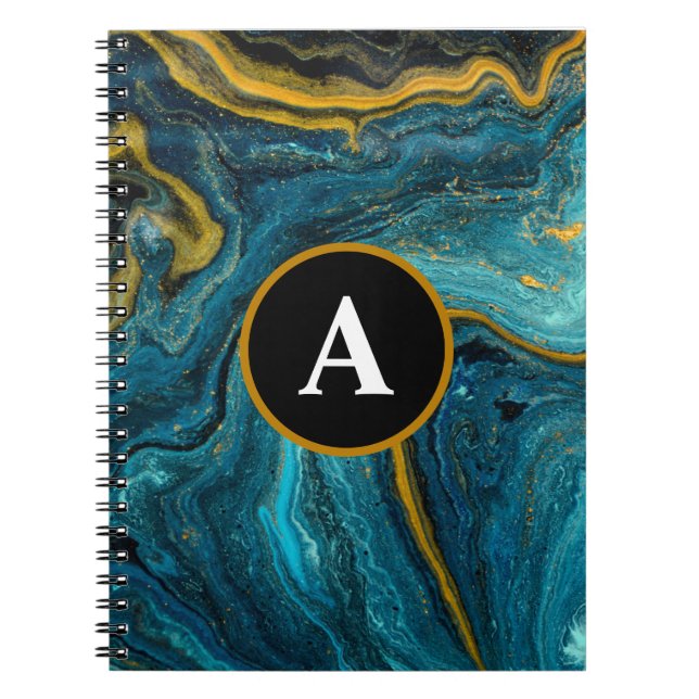 Abstract Teal Gold Watercolor Monogram Text Notebook (Front)