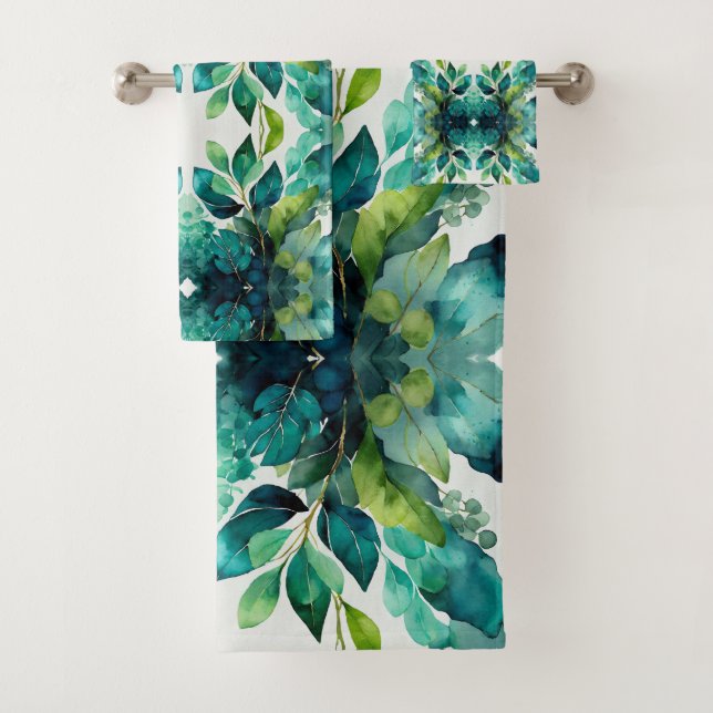 Abstract Teal, Green, Emerald, Botanical Bath Towel Set (Insitu)
