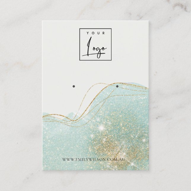 Abstract Teal Green Glitter Shiny Earring Display Business Card (Front)