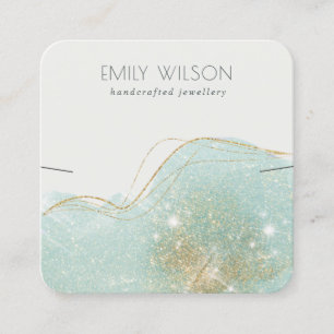 Abstract Teal Green Glitter Shiny Earring Display Square Business Card