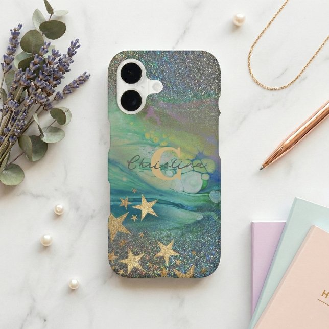 Abstract Teal Green Liquid Glitter Gold Stars (Creator Uploaded)