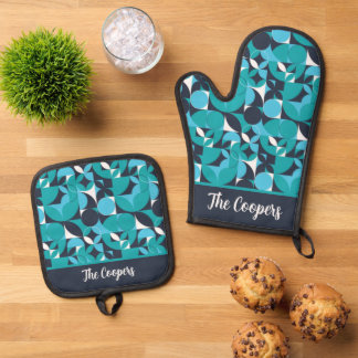 Abstract Teal & Navy Circle Theme Oven Mitt & Pot Holder Set