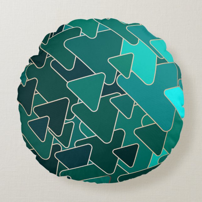 Abstract Teal Triangle Geometric Round Cushion (Front)