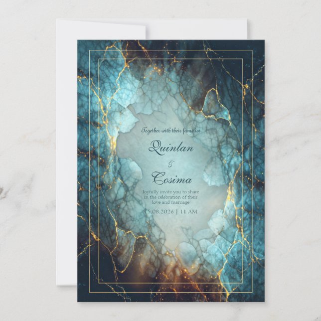 Abstract Teal Turquoise Gilded Geode Wedding Invitation (Front)