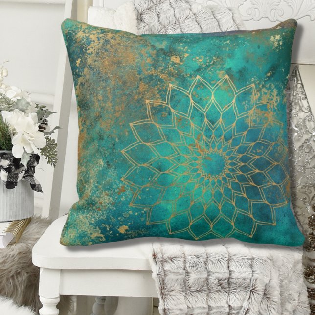 Abstract Teal Watercolor Gold Grunge Mandala Cushion (Creator Uploaded)