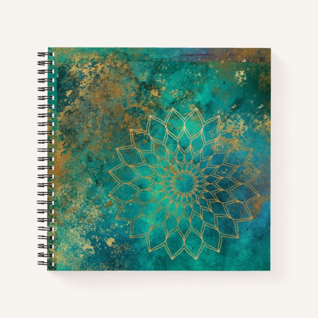 Abstract Teal Watercolor Gold Grunge Mandala Notebook (Front)