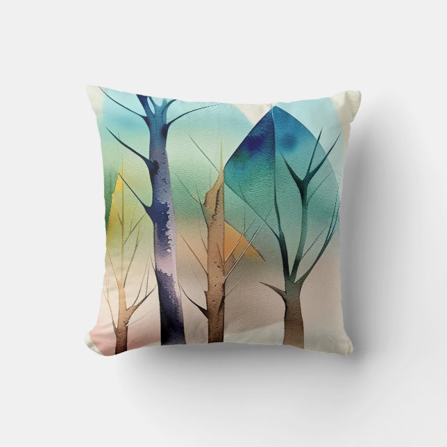 Abstract teal watercolor trees pillow (Front)