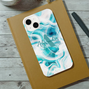 Abstract Teal White Liquid Paint Chic Script Name iPhone 14 Case