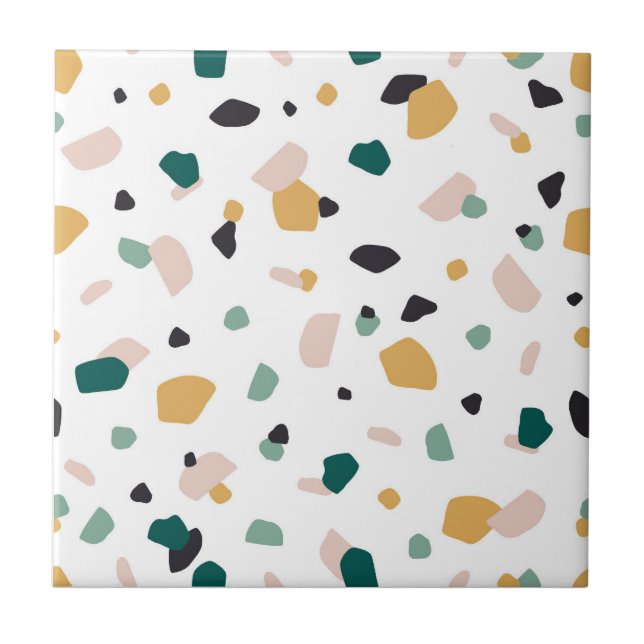 Abstract Terrazzo Green Orange Pink Black Pattern Tile (Front)